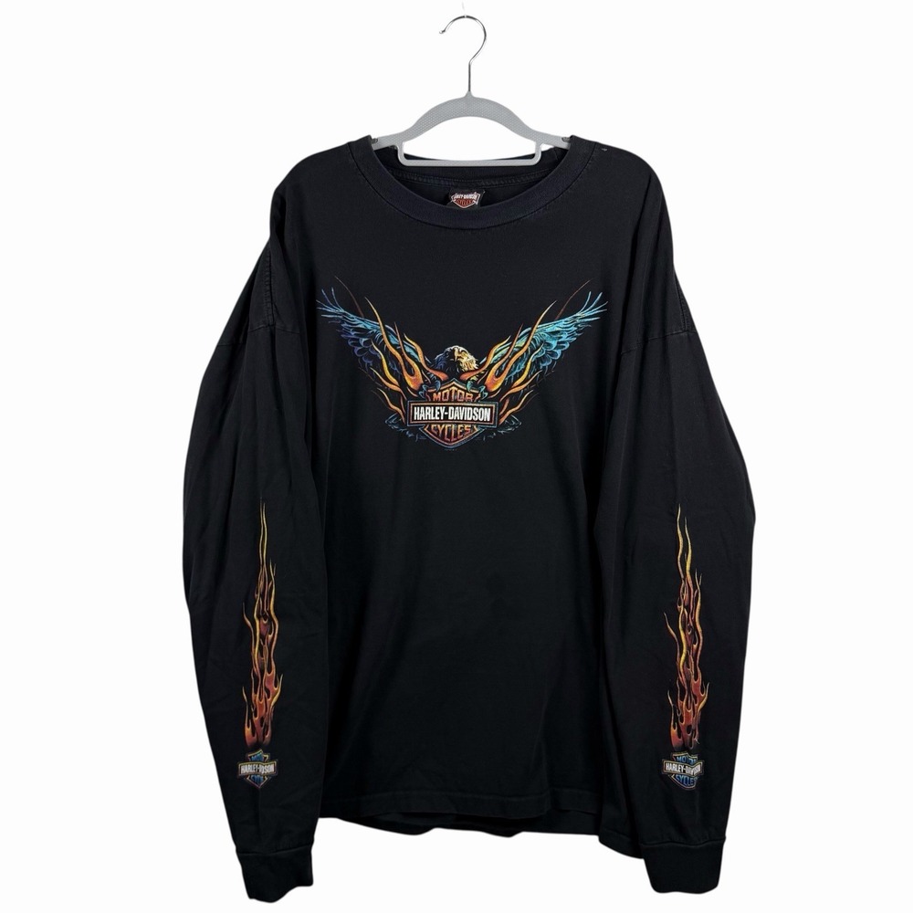 VTG‎ Y2K Harley Davidson Shirt 3XL Black Long Sleeve Flame Bald Eagle USA, 2008